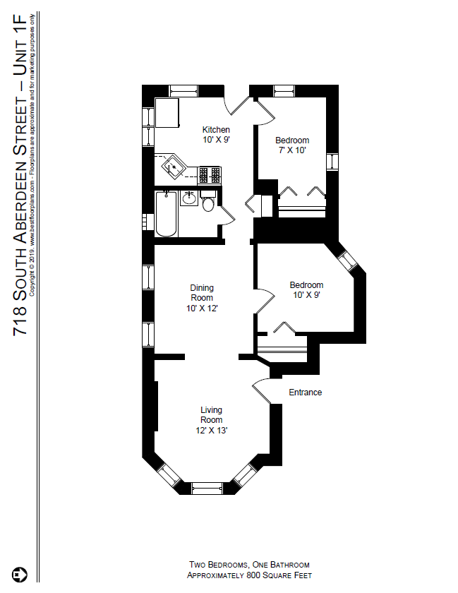 Floor plan for 2 beds, 1 bath, 800 sqft